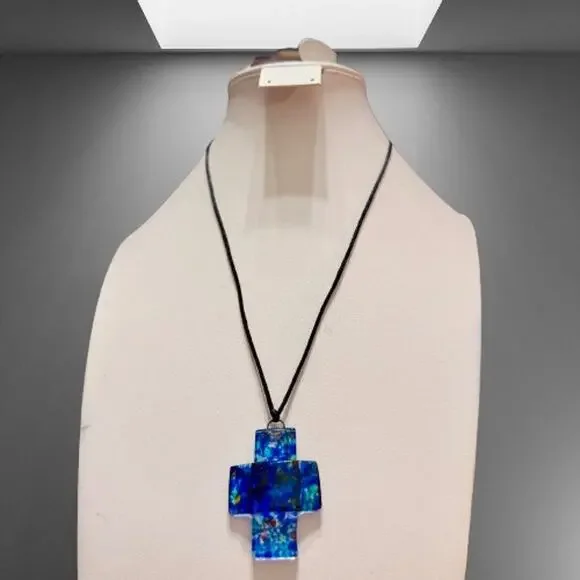 Handcrafted Colorful Speckled Blue Art Glass Cross Pendant - Picture 6 of 7